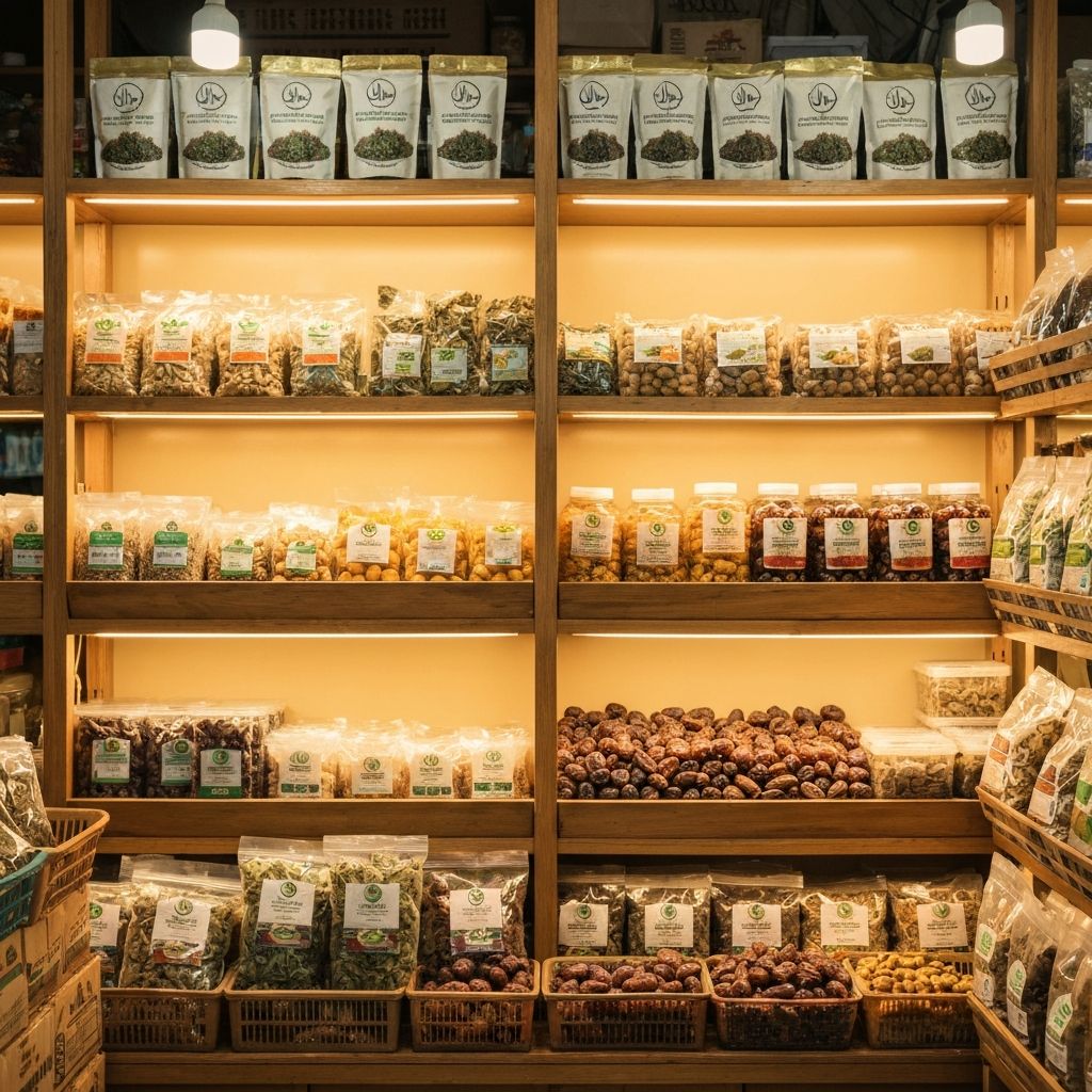 Traditional Indonesian market shelves with halal-certified products and ingredients display