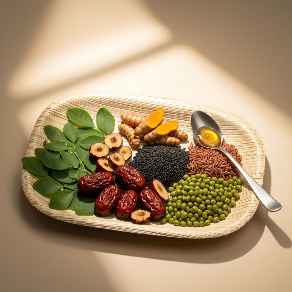 Halal-certified plant ingredients arranged on palm leaf with warm tropical light