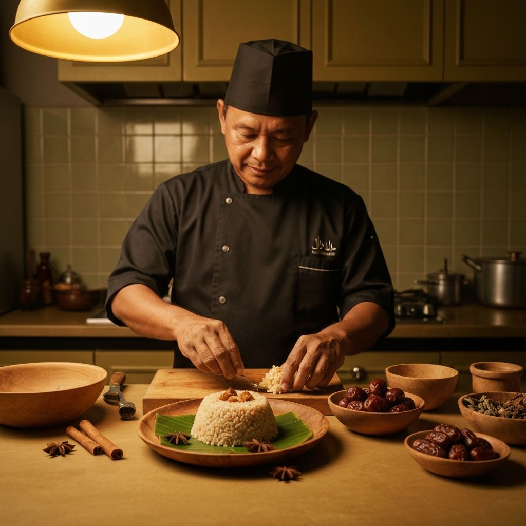 Nasi kebuli with dates being served on traditional wooden plate in halal kitchen setting