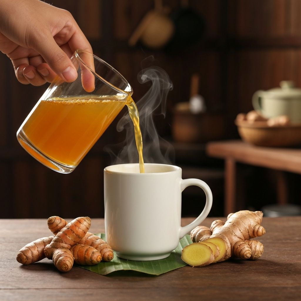 Golden herbal drink being poured, with fresh turmeric and ginger beside cup in traditional kitchen
