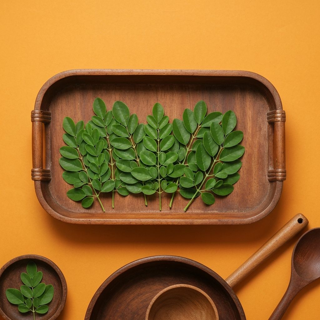 Fresh vibrant moringa leaves arranged on wooden tray in traditional Indonesian kitchen