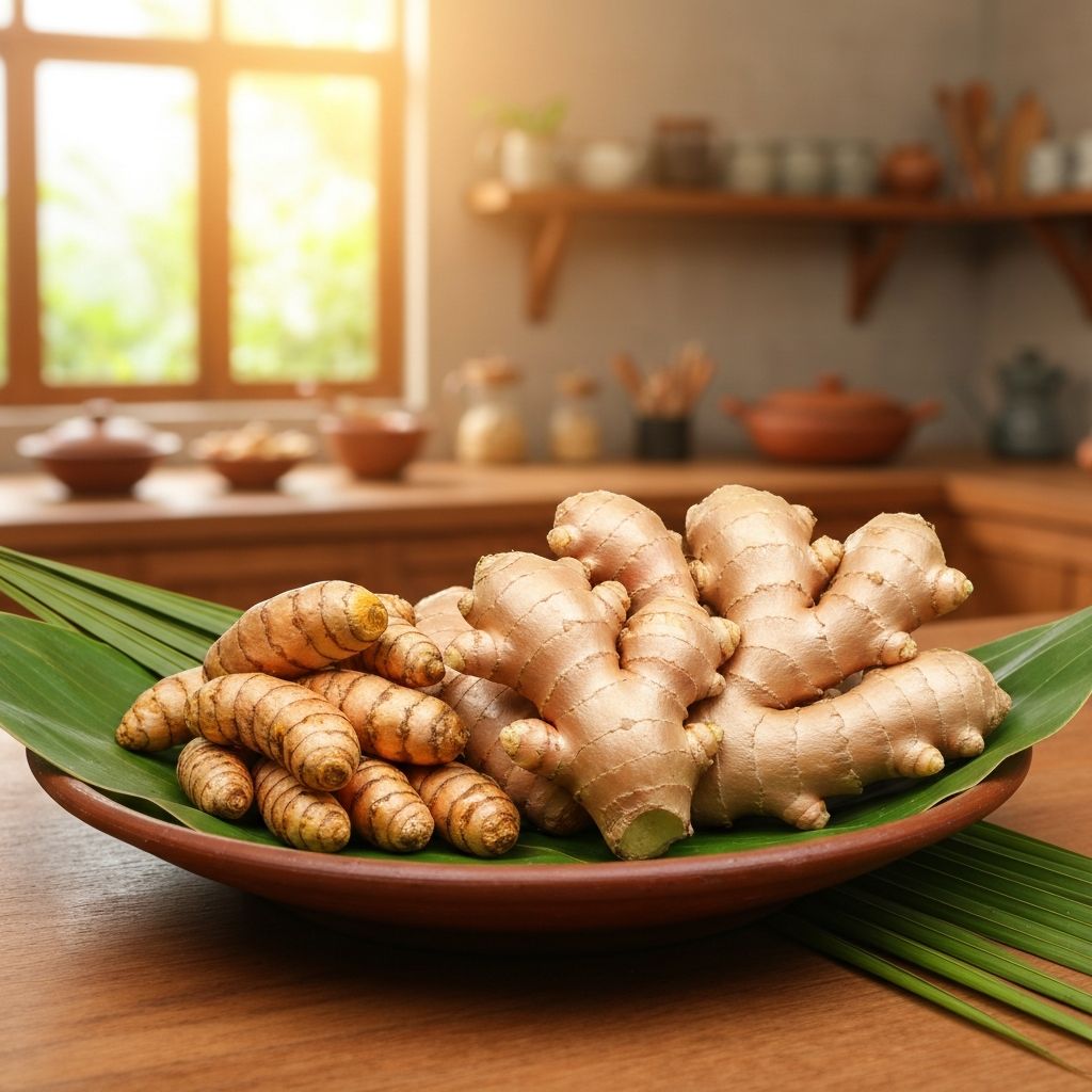 Golden turmeric rhizomes and fresh ginger roots on palm leaf and traditional clay dish